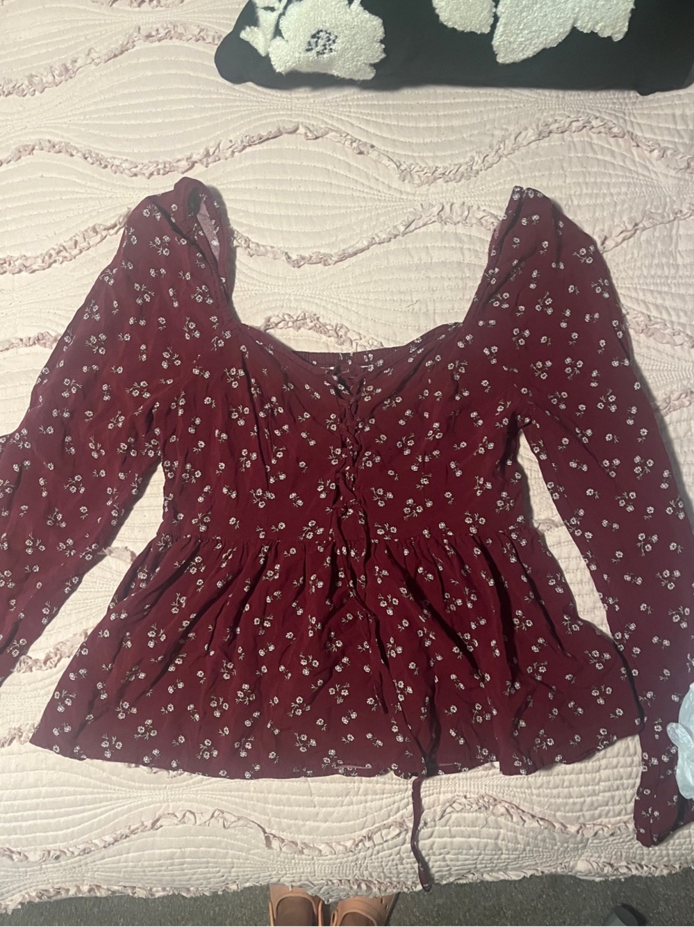 Aeropostale Burgundy Floral Peplum Tie-Front Blouse